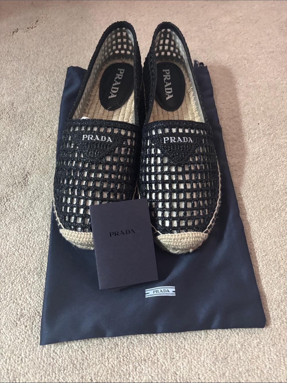 Prada Black Woven Espadrille Loafers with Natural Trim
